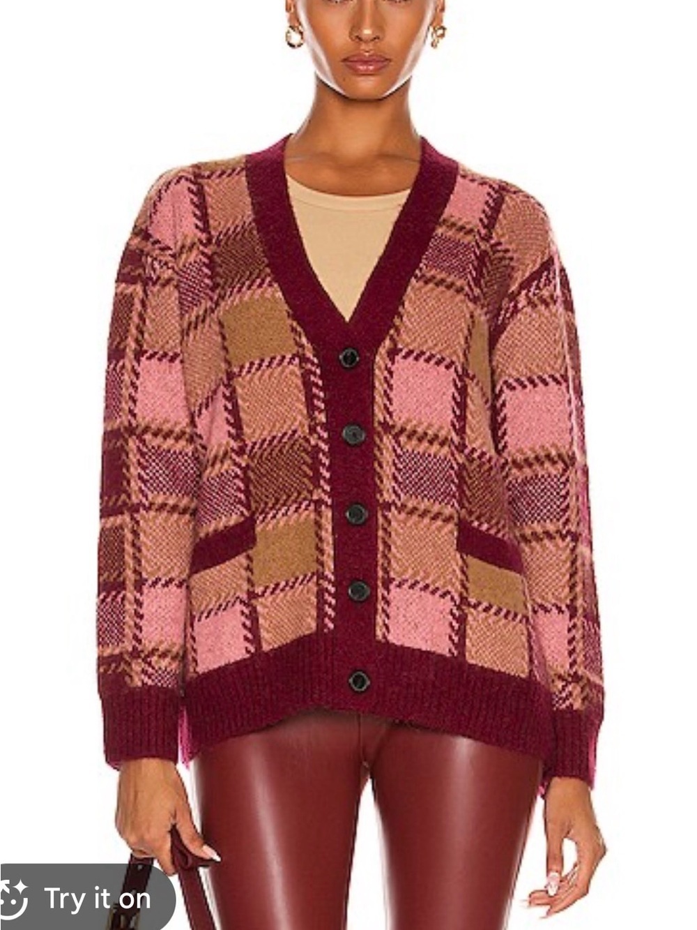 Re/done 90s Oversized Cardigan in Burgundy Pink Tan Plaid retail $495 OneSize